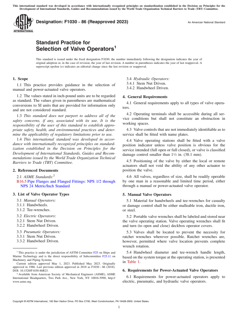 ASTM F1030-86(2023) - Standard Practice for  Selection of Valve Operators