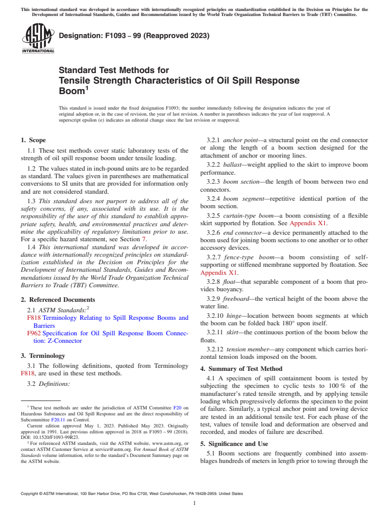 ASTM F1093-99(2023) - Standard Test Methods for  Tensile Strength Characteristics of Oil Spill Response Boom