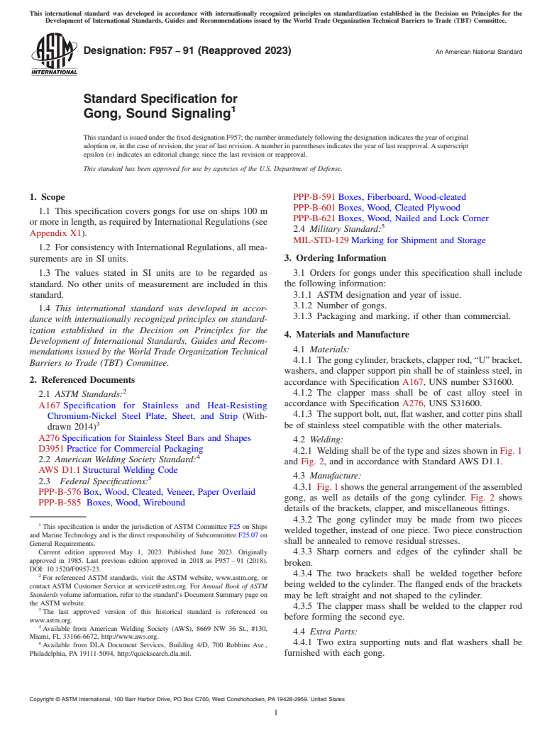 ASTM F957-91(2023) - Standard Specification for  Gong, Sound Signaling