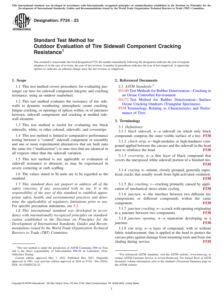 ASTM F724-23 - Standard Test Method for Outdoor Evaluation of Tire Sidewall Component Cracking Resistance
