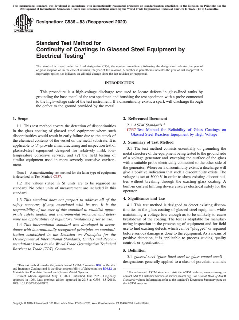 ASTM C536-83(2023) - Standard Test Method for  Continuity of Coatings in Glassed Steel Equipment by Electrical  Testing