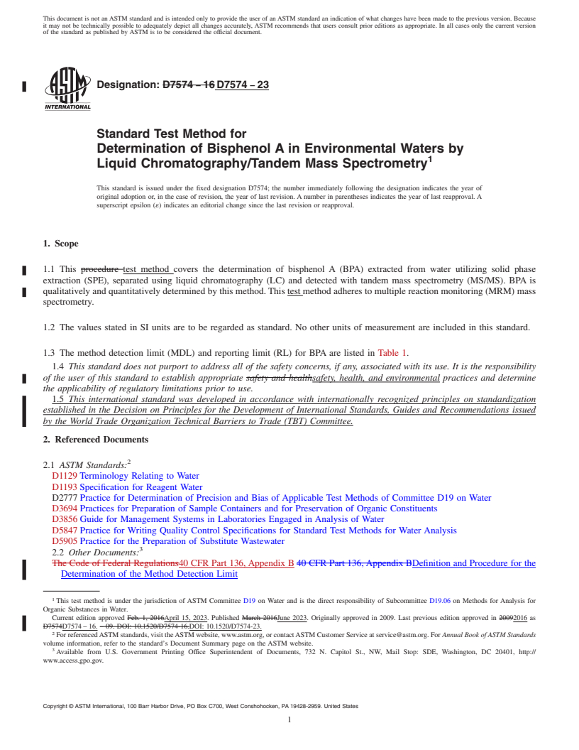 REDLINE ASTM D7574-23 - Standard Test Method for  Determination of Bisphenol A in Environmental Waters by Liquid  Chromatography/Tandem Mass Spectrometry