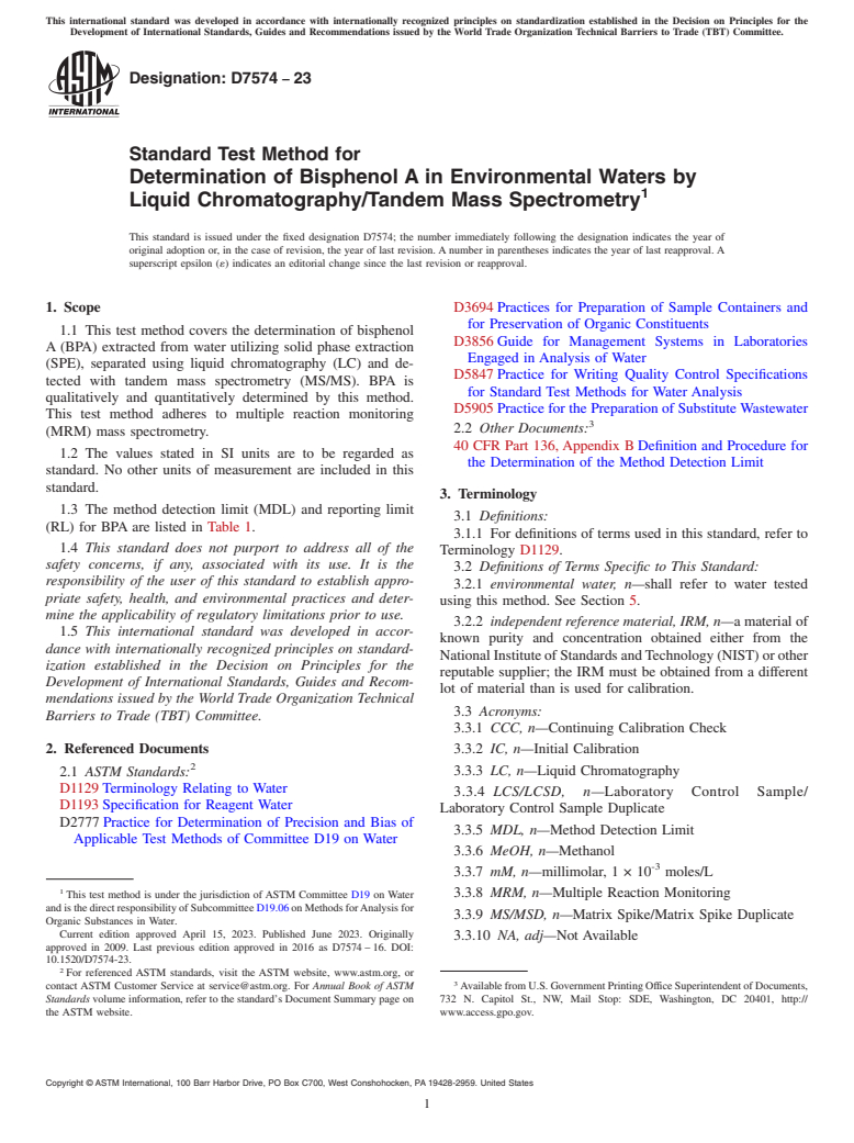 ASTM D7574-23 - Standard Test Method for  Determination of Bisphenol A in Environmental Waters by Liquid  Chromatography/Tandem Mass Spectrometry