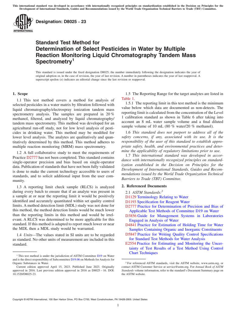 ASTM D8025-23 - Standard Test Method for Determination of Select Pesticides in Water by Multiple Reaction  Monitoring Liquid Chromatography Tandem Mass Spectrometry
