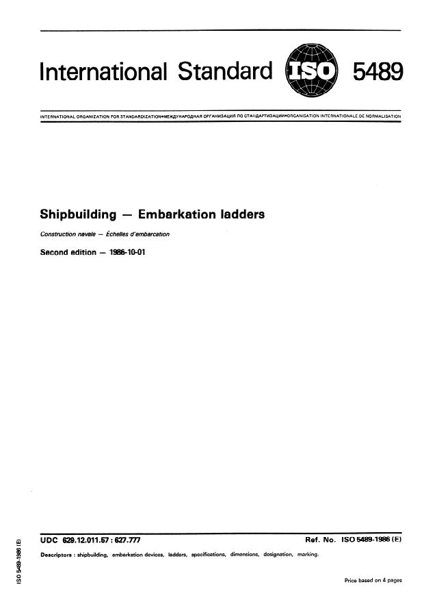 ISO 5489:1986 - Shipbuilding -- Embarkation ladders