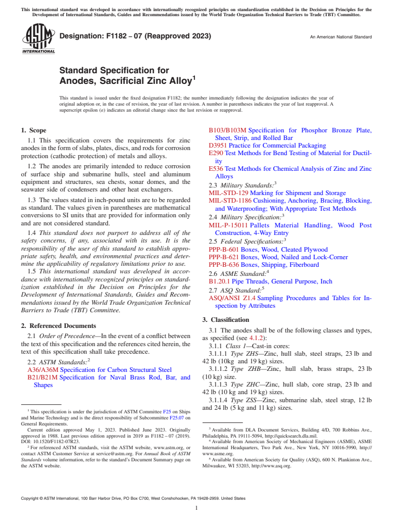 ASTM F1182-07(2023) - Standard Specification for  Anodes, Sacrificial Zinc Alloy