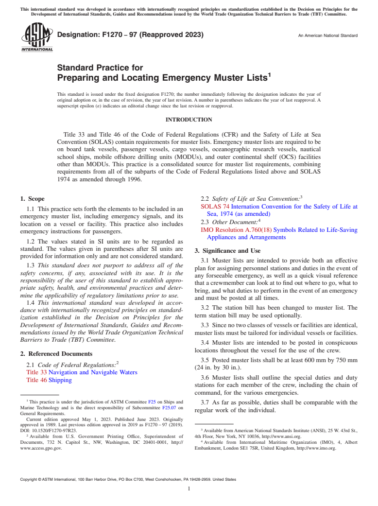 ASTM F1270-97(2023) - Standard Practice for  Preparing and Locating Emergency Muster Lists