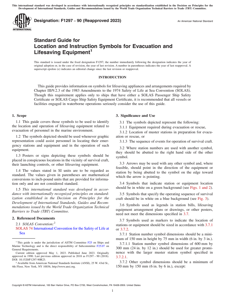 ASTM F1297-90(2023) - Standard Guide for  Location and Instruction Symbols for Evacuation and Lifesaving   Equipment