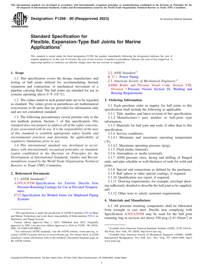 ASTM F1298-90(2023) - Standard Specification for  Flexible, Expansion-Type Ball Joints for Marine Applications