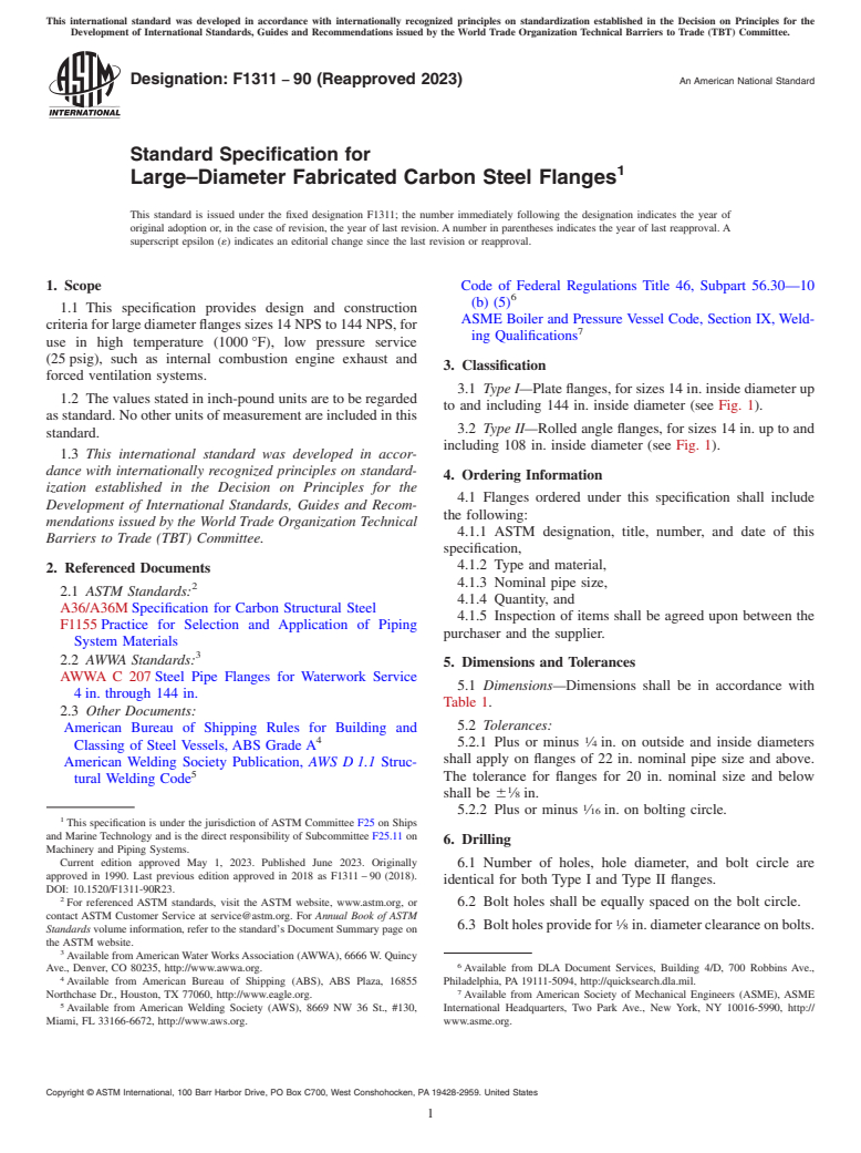 ASTM F1311-90(2023) - Standard Specification for  Large–Diameter Fabricated Carbon Steel Flanges