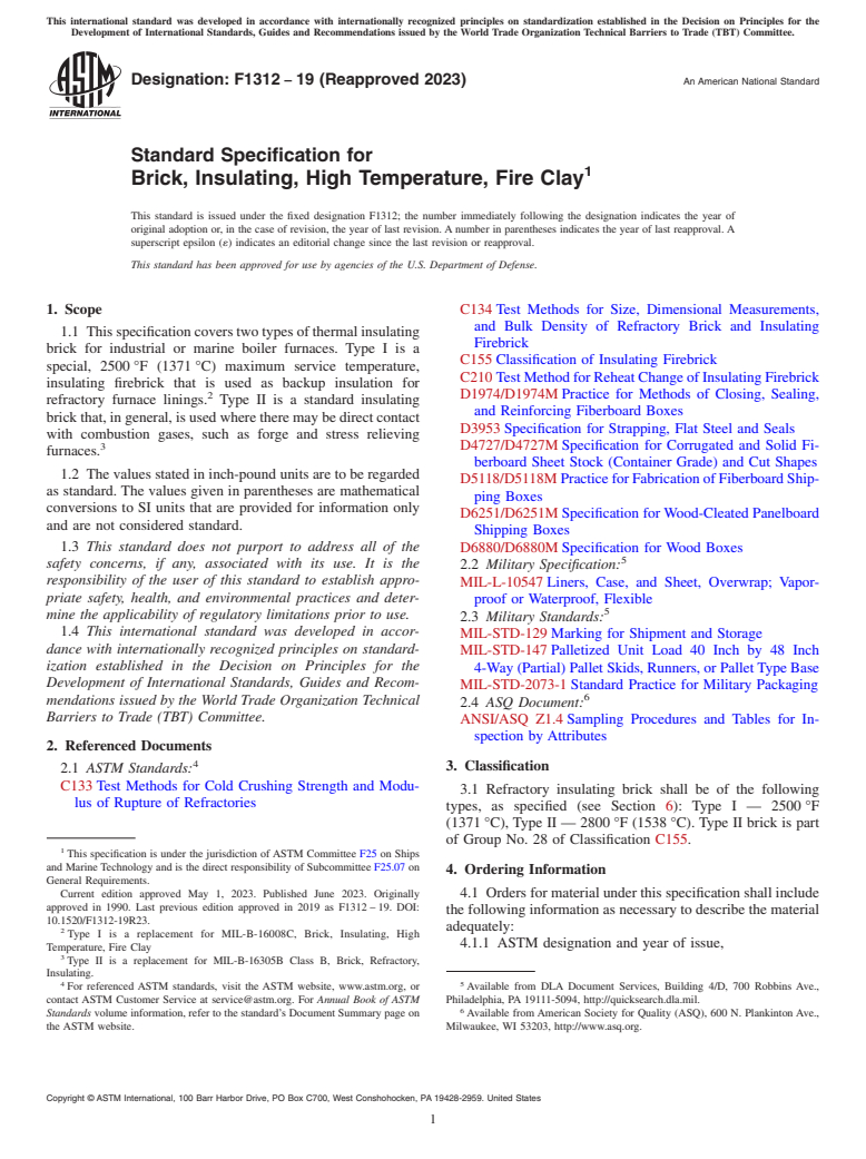 ASTM F1312-19(2023) - Standard Specification for  Brick, Insulating, High Temperature, Fire Clay