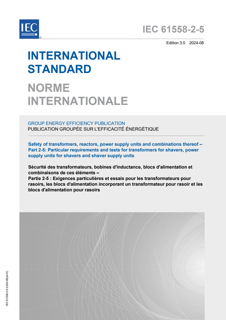 IEC 61558-2-5:2024 - Safety of transformers, reactors, power supply units and combinations thereof - Part 2-5: Particular requirements and test for transformer for shavers, power supply units for shavers and shaver supply units
Released:12. 08. 2024
Isbn:9782832294154