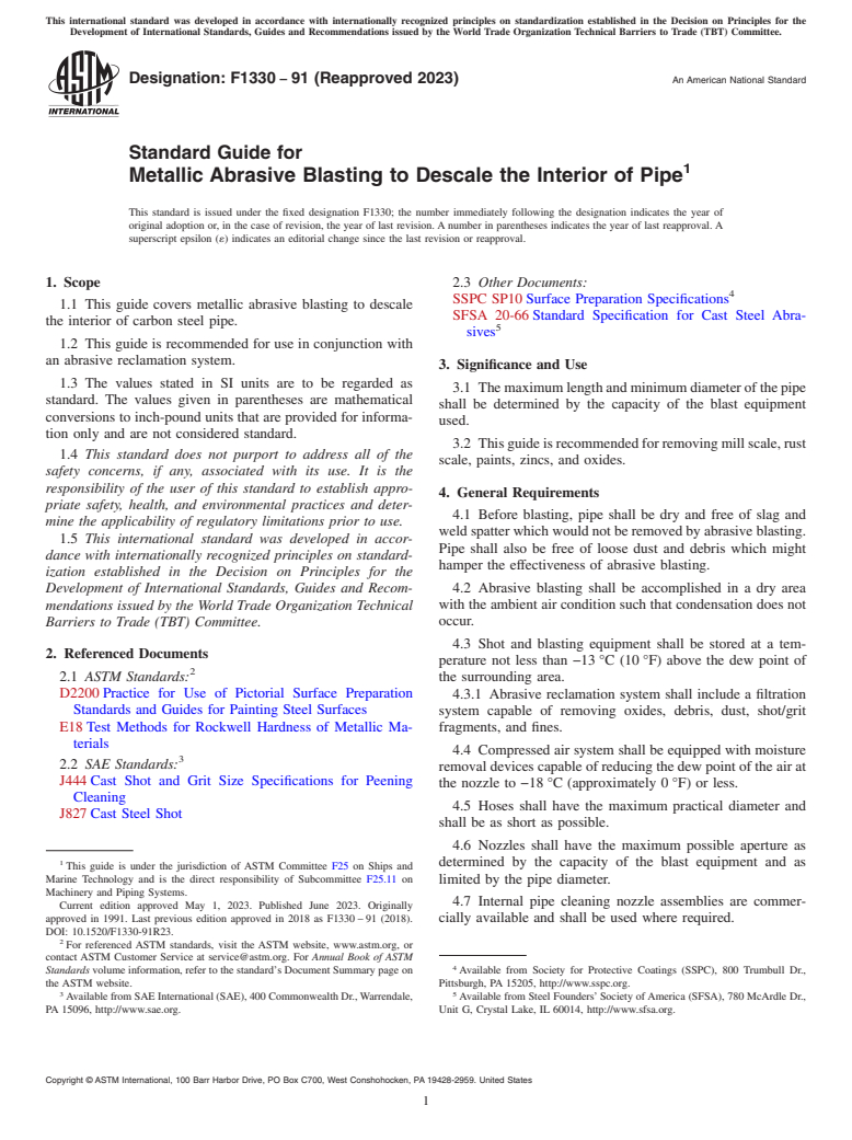 ASTM F1330-91(2023) - Standard Guide for  Metallic Abrasive Blasting to Descale the Interior of Pipe