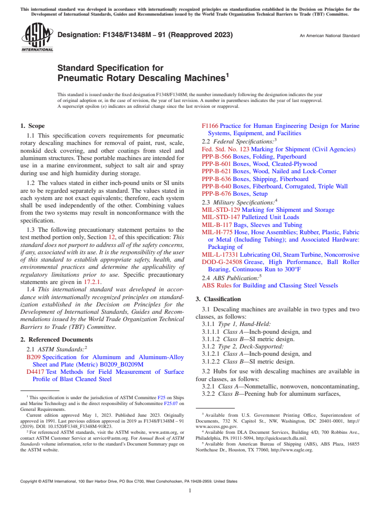 ASTM F1348/F1348M-91(2023) - Standard Specification for  Pneumatic Rotary Descaling Machines