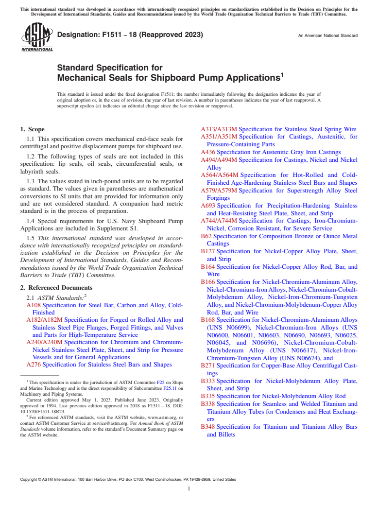 ASTM F1511-18(2023) - Standard Specification for  Mechanical Seals for Shipboard Pump Applications