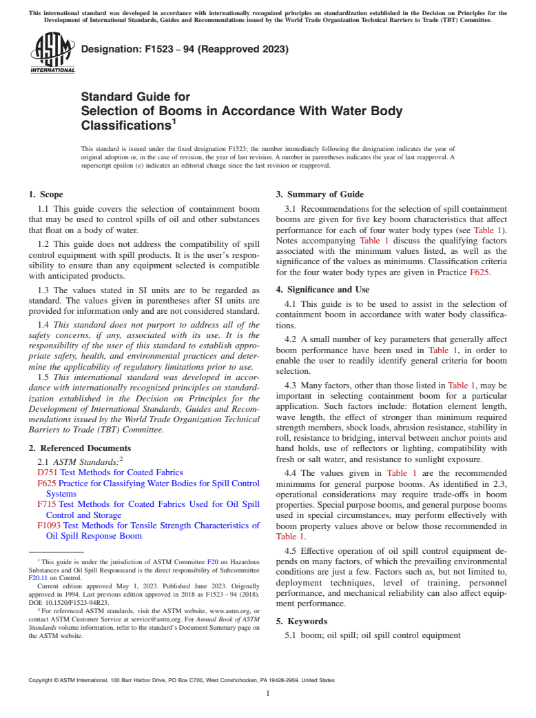 ASTM F1523-94(2023) - Standard Guide for  Selection of Booms in Accordance With Water Body Classifications