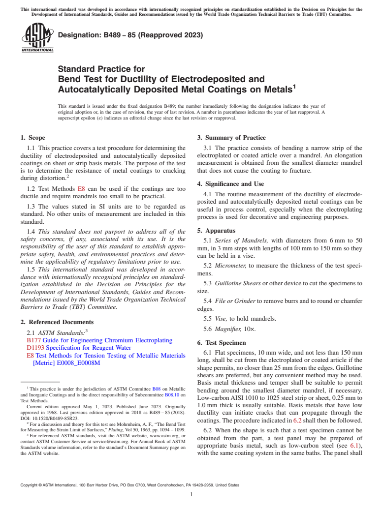 ASTM B489-85(2023) - Standard Practice for  Bend Test for Ductility of Electrodeposited and Autocatalytically  Deposited     Metal Coatings on Metals