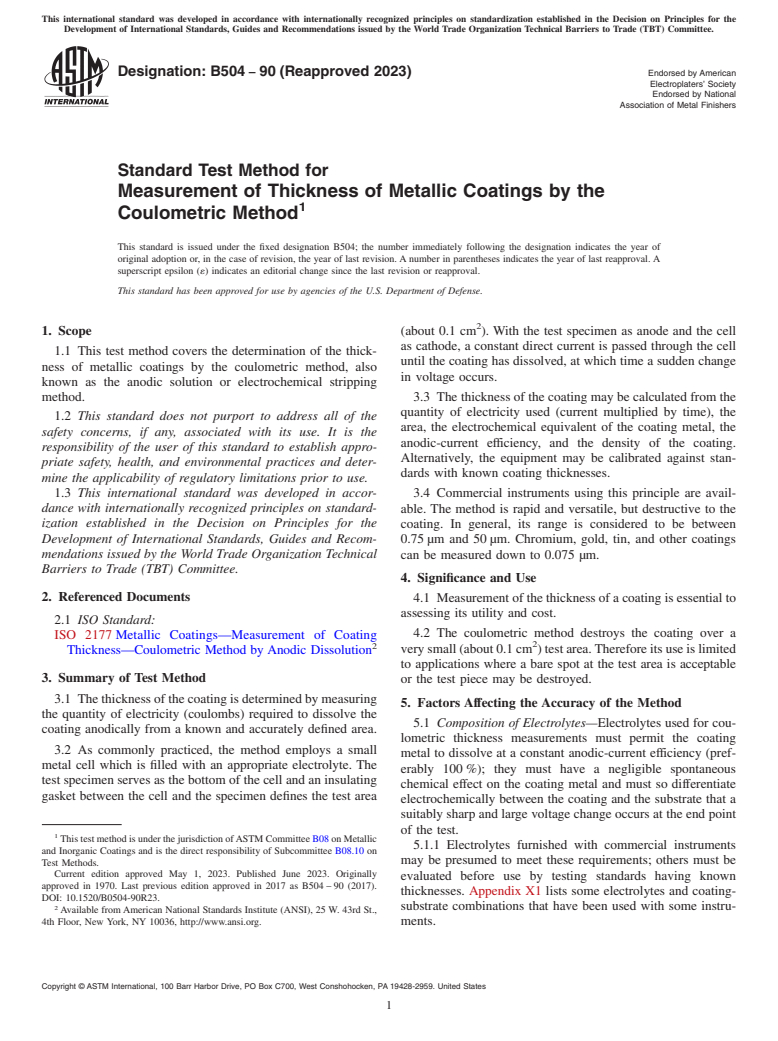 ASTM B504-90(2023) - Standard Test Method for  Measurement of Thickness of Metallic Coatings by the Coulometric   Method