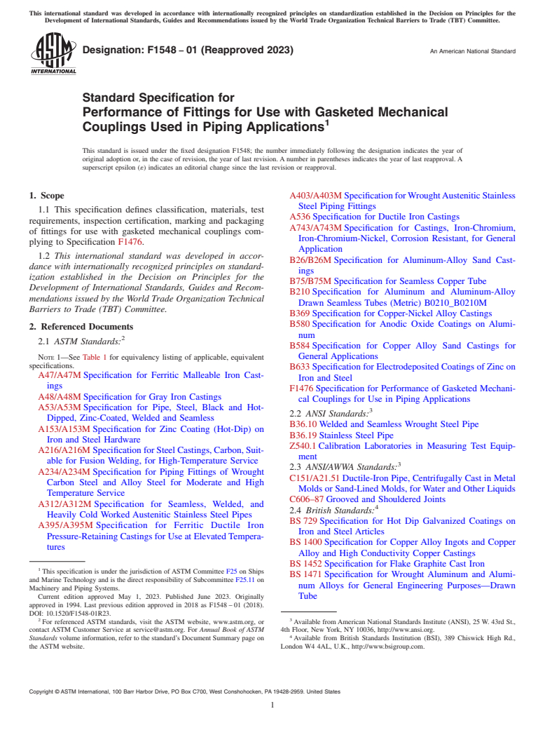 ASTM F1548-01(2023) - Standard Specification for  Performance of Fittings for Use with Gasketed Mechanical Couplings  Used in Piping Applications