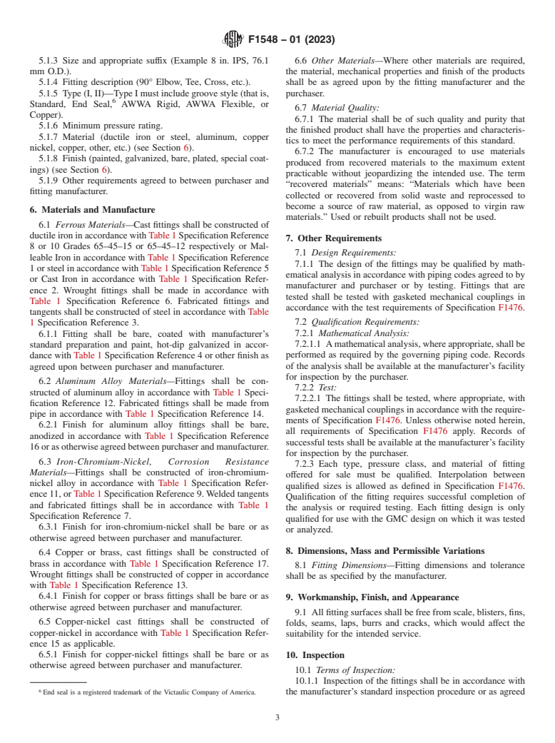 ASTM F1548-01(2023) - Standard Specification for  Performance of Fittings for Use with Gasketed Mechanical Couplings  Used in Piping Applications