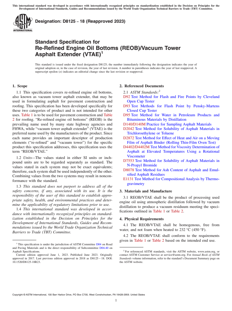 ASTM D8125-18(2023) - Standard Specification for Re-Refined Engine Oil Bottoms (REOB)/Vacuum Tower Asphalt Extender  (VTAE)