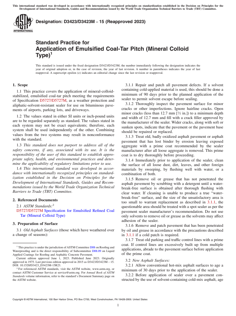 ASTM D3423/D3423M-15(2023) - Standard Practice for  Application of Emulsified Coal-Tar Pitch (Mineral Colloid Type)