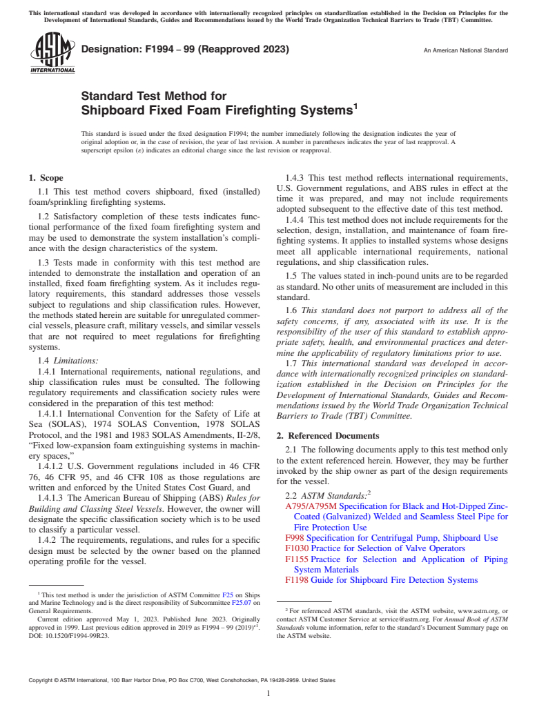 ASTM F1994-99(2023) - Standard Test Method for  Shipboard Fixed Foam Firefighting Systems