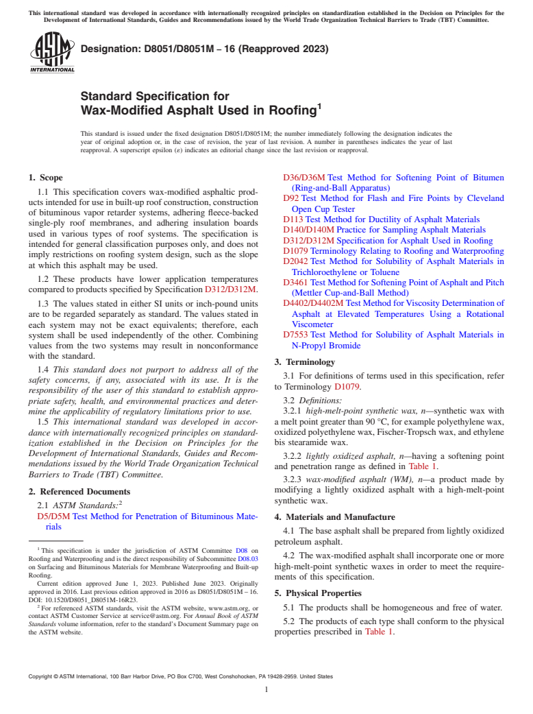 ASTM D8051/D8051M-16(2023) - Standard Specification for Wax-Modified Asphalt Used in Roofing