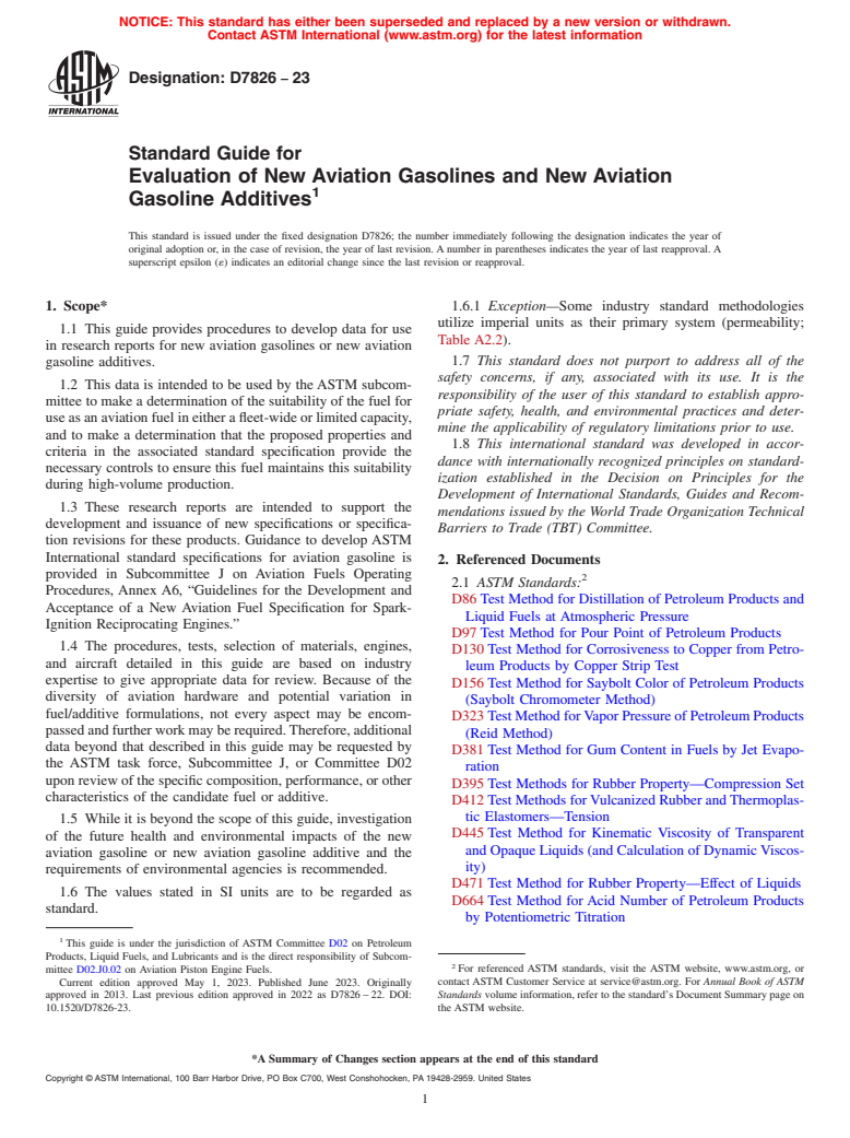 ASTM D7826-23 - Standard Guide for Evaluation of New Aviation Gasolines and New Aviation Gasoline  Additives