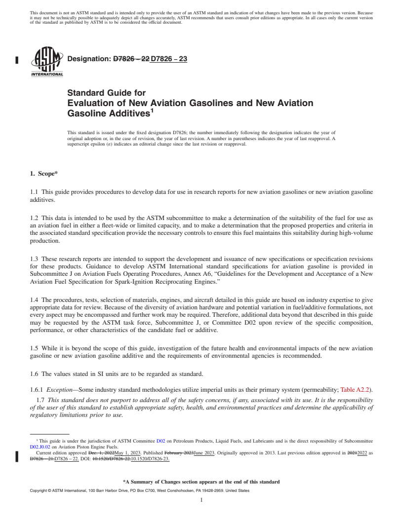 REDLINE ASTM D7826-23 - Standard Guide for Evaluation of New Aviation Gasolines and New Aviation Gasoline  Additives