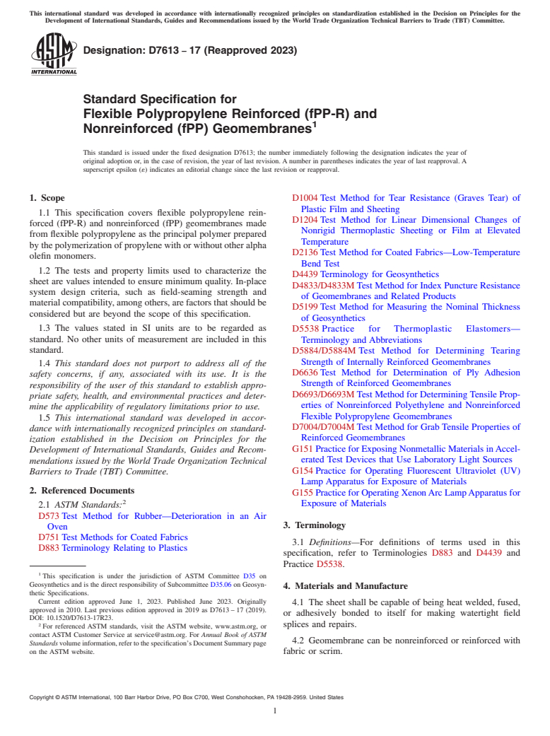 ASTM D7613-17(2023) - Standard Specification for  Flexible Polypropylene Reinforced (fPP-R) and Nonreinforced   (fPP) Geomembranes