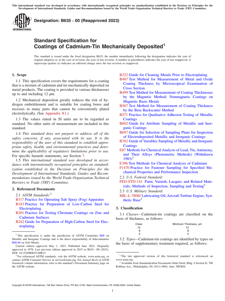 ASTM B635-00(2023) - Standard Specification for Coatings of Cadmium-Tin Mechanically Deposited