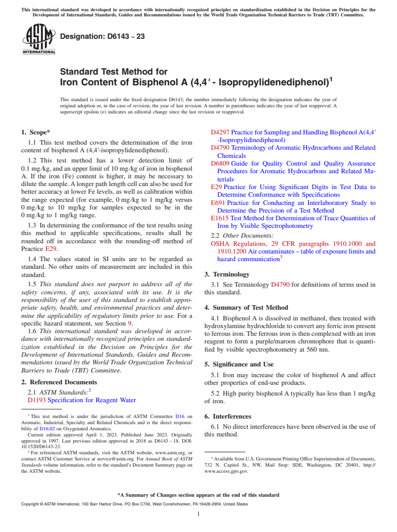 ASTM D6143-23 - Standard Test Method for Iron Content of Bisphenol A (4,4<emph type="bdit">′</emph  > - Isopropylidenediphenol)