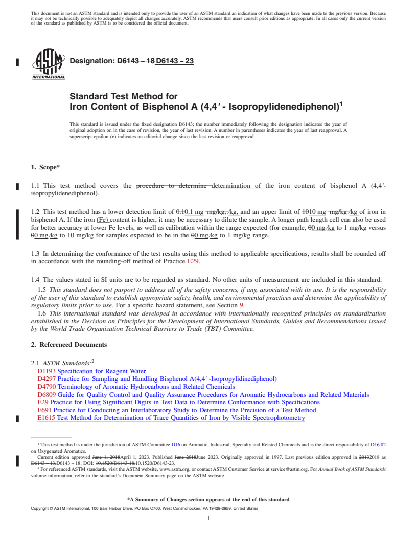 REDLINE ASTM D6143-23 - Standard Test Method for Iron Content of Bisphenol A (4,4<emph type="bdit">′</emph  > - Isopropylidenediphenol)