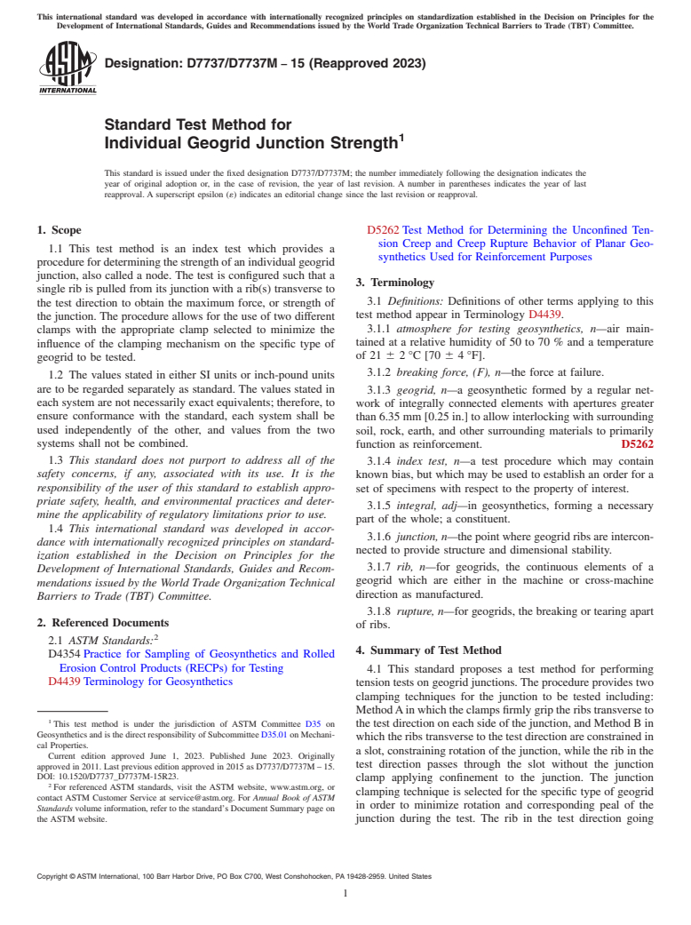 ASTM D7737/D7737M-15(2023) - Standard Test Method for Individual Geogrid Junction Strength