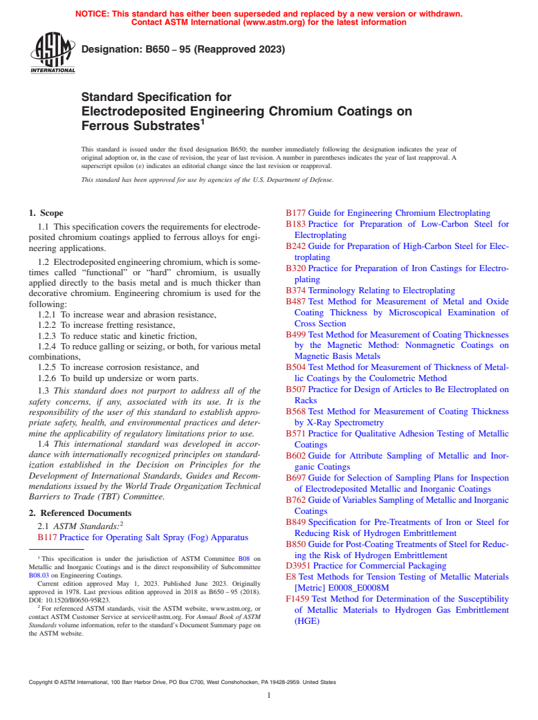 ASTM B650-95(2023) - Standard Specification for  Electrodeposited Engineering Chromium Coatings on Ferrous Substrates