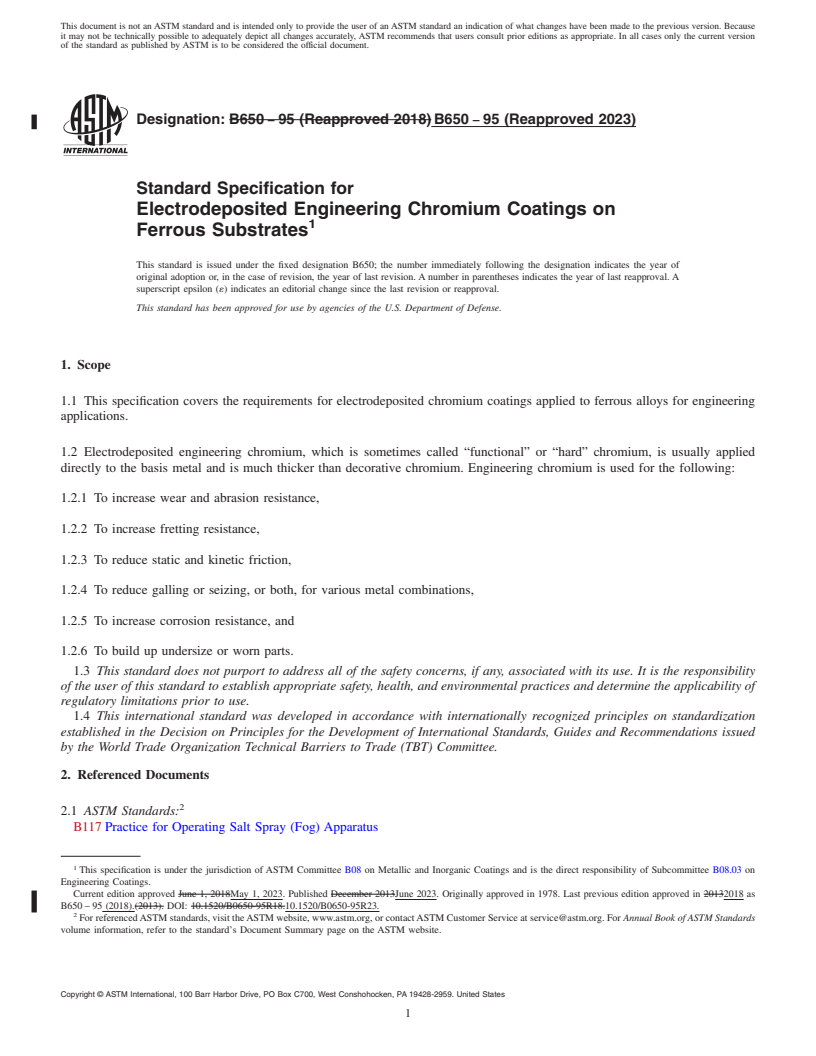 REDLINE ASTM B650-95(2023) - Standard Specification for  Electrodeposited Engineering Chromium Coatings on Ferrous Substrates