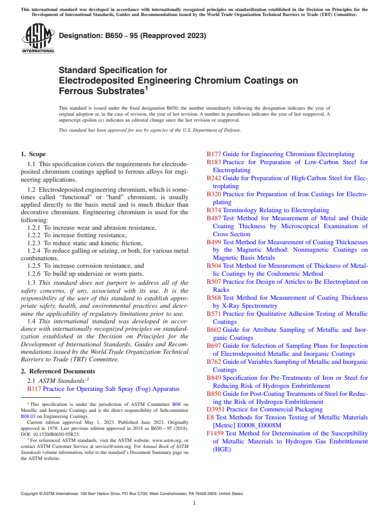 ASTM B650-95(2023) - Standard Specification for  Electrodeposited Engineering Chromium Coatings on Ferrous Substrates