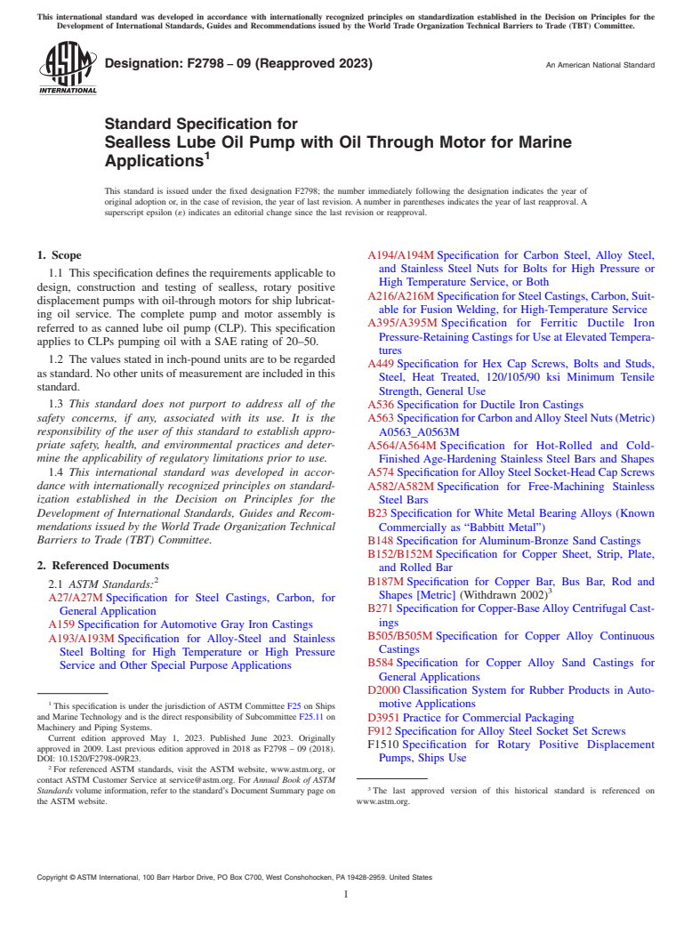 ASTM F2798-09(2023) - Standard Specification for  Sealless Lube Oil Pump with Oil Through Motor for Marine Applications