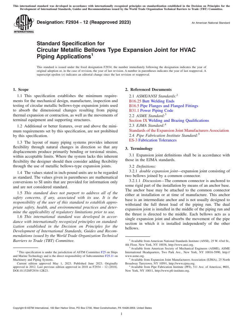 ASTM F2934-12(2023) - Standard Specification for  Circular Metallic Bellows Type Expansion Joint for HVAC Piping   Applications