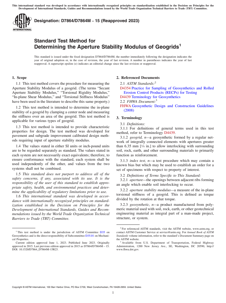 ASTM D7864/D7864M-15(2023) - Standard Test Method for Determining the Aperture Stability Modulus of Geogrids