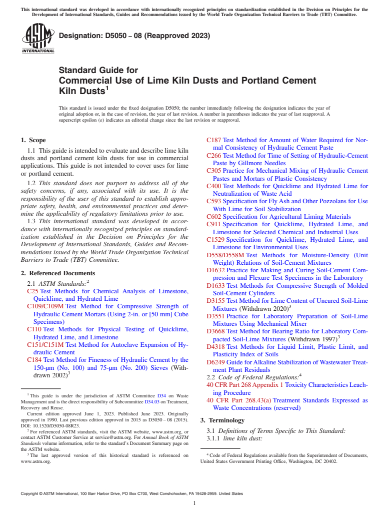 ASTM D5050-08(2023) - Standard Guide for  Commercial Use of Lime Kiln Dusts and Portland Cement Kiln  Dusts