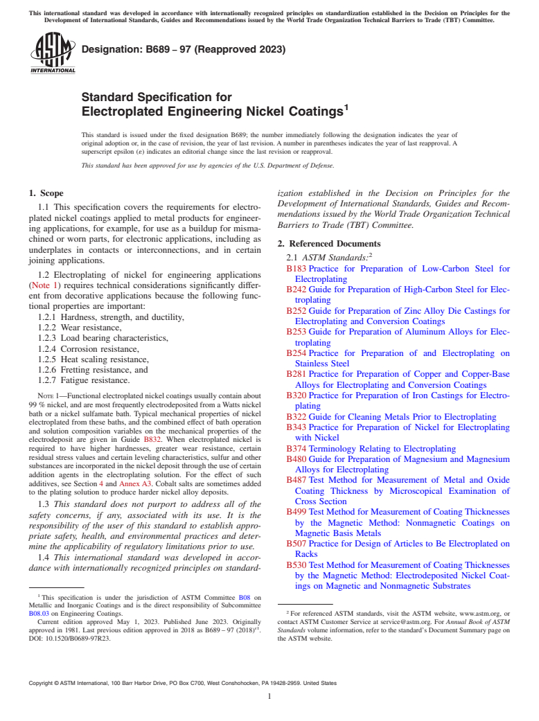 ASTM B689-97(2023) - Standard Specification for  Electroplated Engineering Nickel Coatings