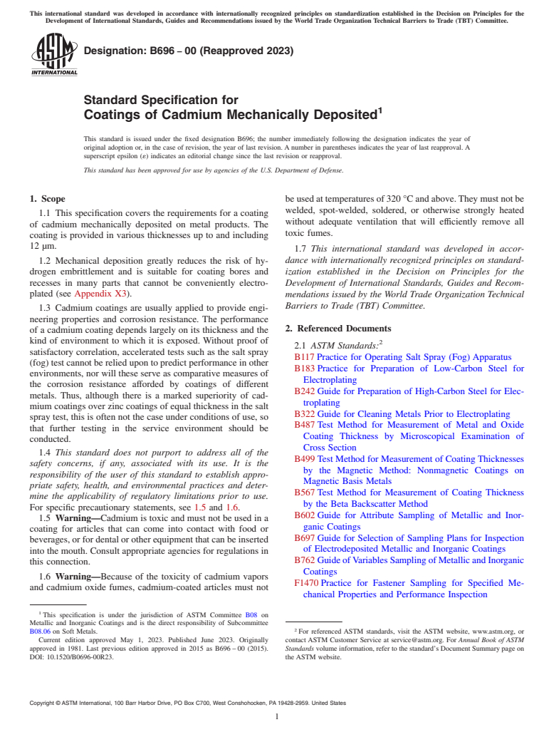 ASTM B696-00(2023) - Standard Specification for  Coatings of Cadmium Mechanically Deposited