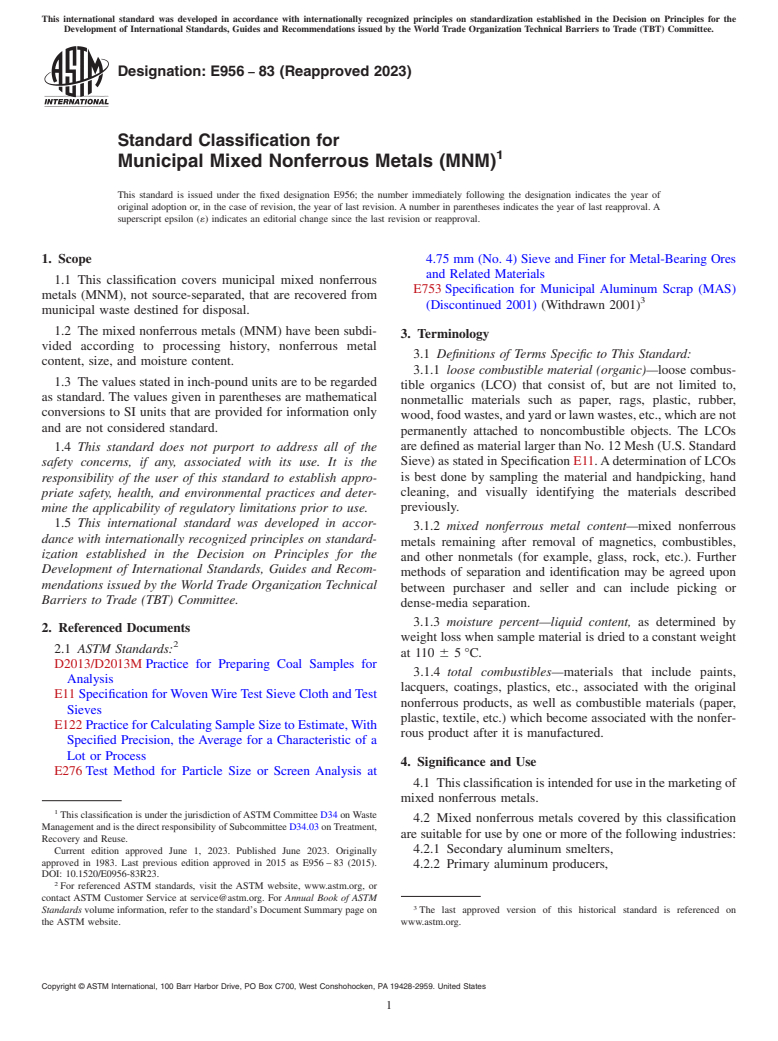 ASTM E956-83(2023) - Standard Classification for  Municipal Mixed Nonferrous Metals (MNM)