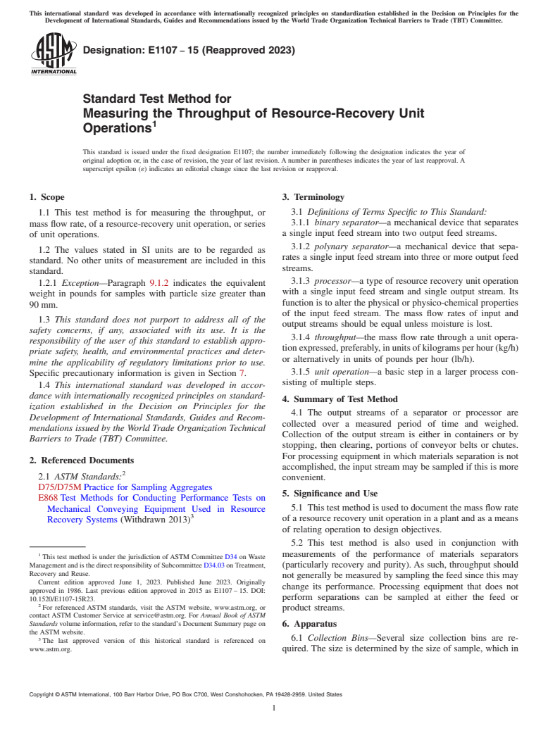 ASTM E1107-15(2023) - Standard Test Method for  Measuring the Throughput of Resource-Recovery Unit Operations