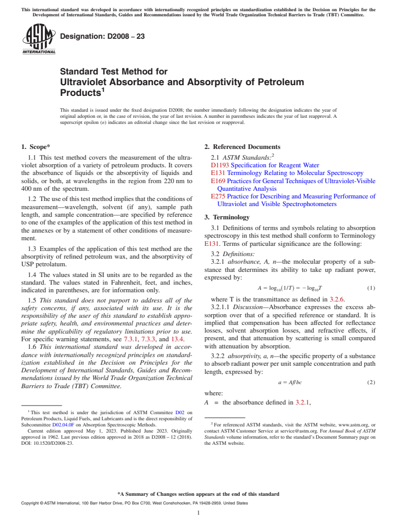 ASTM D2008-23 - Standard Test Method for Ultraviolet Absorbance and Absorptivity of Petroleum Products