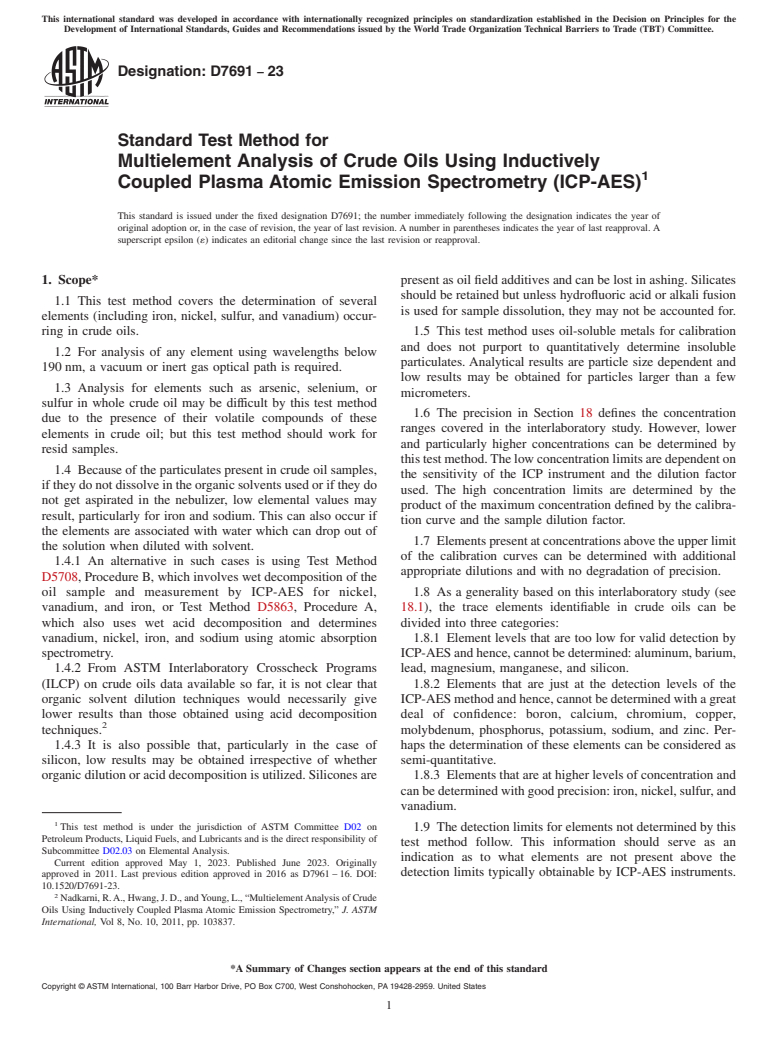 ASTM D7691-23 - Standard Test Method for  Multielement Analysis of Crude Oils Using Inductively Coupled  Plasma Atomic Emission Spectrometry (ICP-AES)