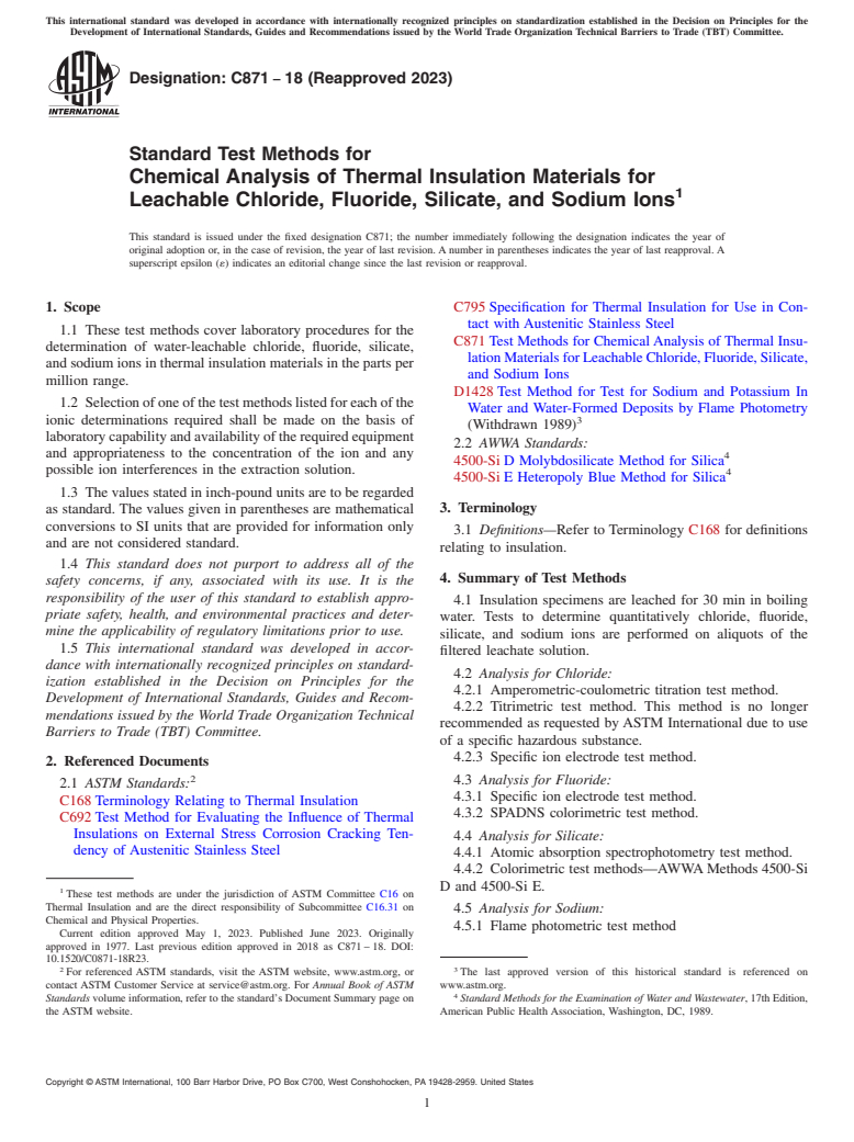 ASTM C871-18(2023) - Standard Test Methods for Chemical Analysis of Thermal Insulation Materials for Leachable  Chloride, Fluoride, Silicate, and Sodium Ions