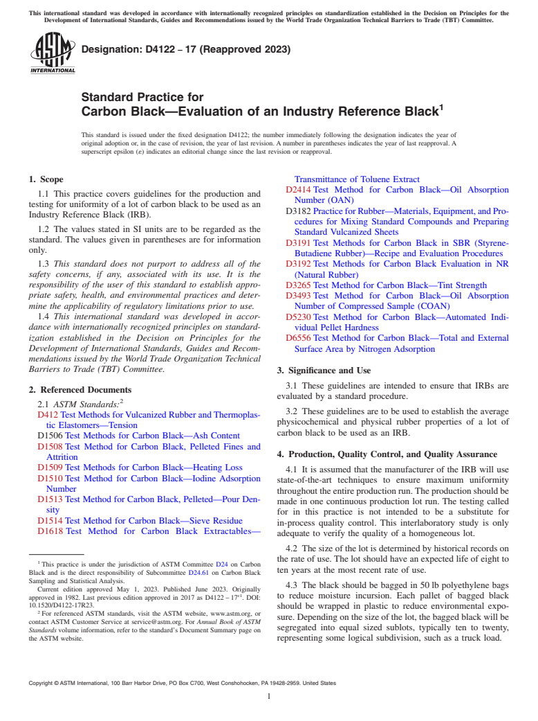 ASTM D4122-17(2023) - Standard Practice for  Carbon Black—Evaluation of an Industry Reference Black